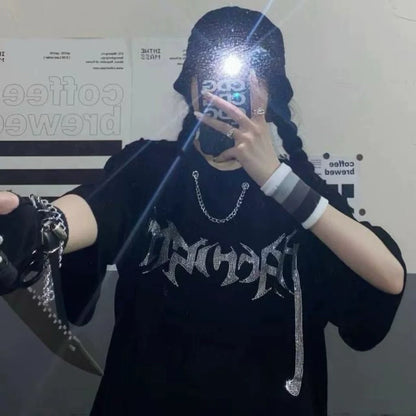 Black Subculture Punk Hip-Hop Y2K E-girl Rhinestone Chain Oversized Short Sleeve Top