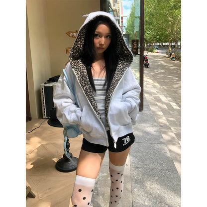 Retro Leopard Ear Hoodie Zip Up Top