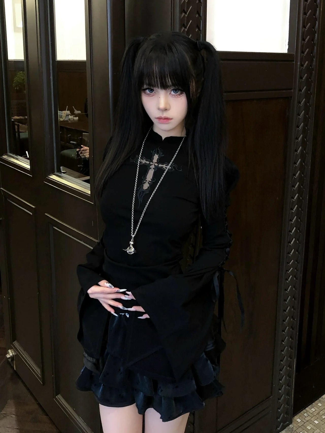 Y2K Flared Embroidered Lace-Up Long Sleeve Top for Early Autumn