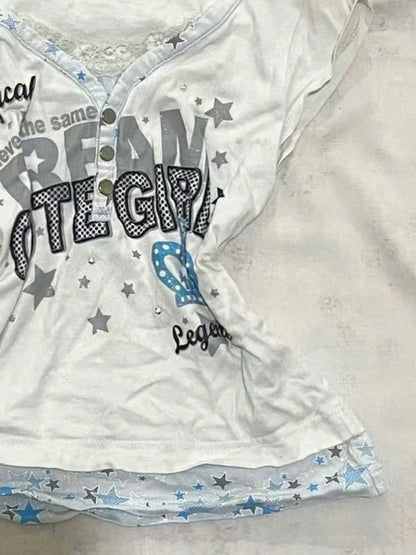 Vintage V-Neck Fake Two-Piece Y2K T-Shirt