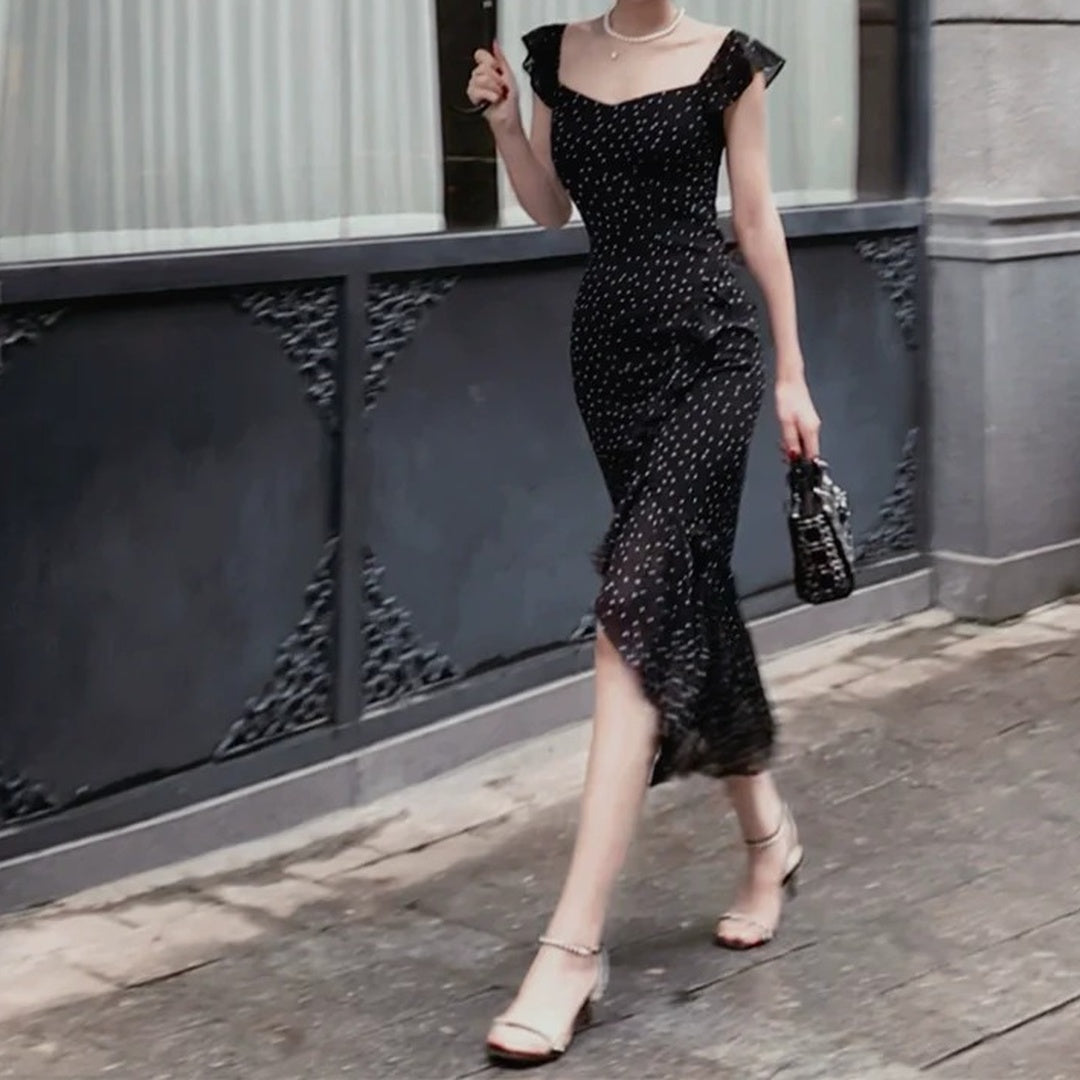 Black Polka Dot Spaghetti Gown Prom Dress