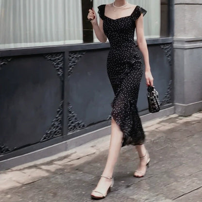 Black Polka Dot Spaghetti Gown Prom Dress