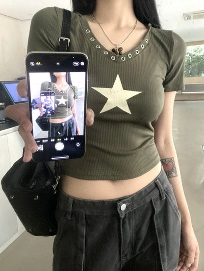 Vintage Green Punk Star Print V-Neck Hooded Y2K T-Shirt