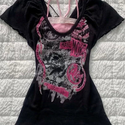 Black Subculture Punk Y2K Abi E-girl American Retro Print Fake Two-Piece Short Sleeve Top