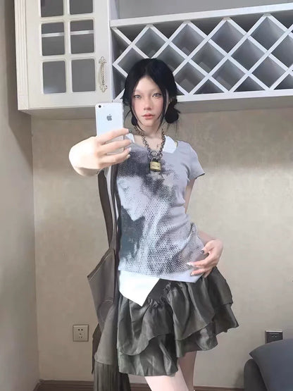 Portrait Print Punk Y2K E-girl Retro Fake Two-Piece Slim-Fit Short Sleeve Top