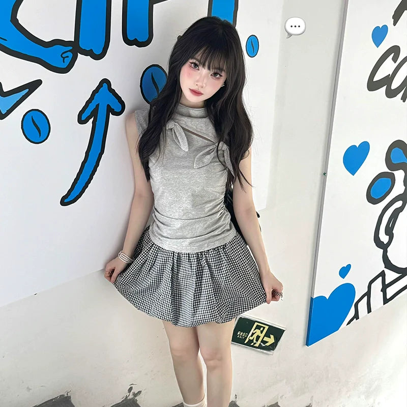 Girly Gray Bow Sleeveless Top