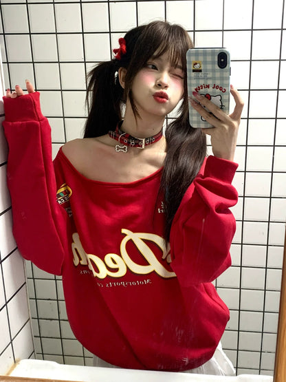 American Red Slanted Shoulder Hoodie Autumn Retro Letter Print Loose Fit Spicy Girl Top