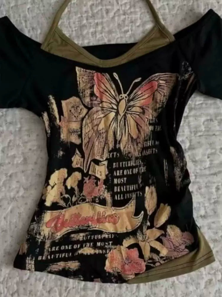Black American Vintage Butterfly Print Fake Two-Piece Y2K T-Shirt
