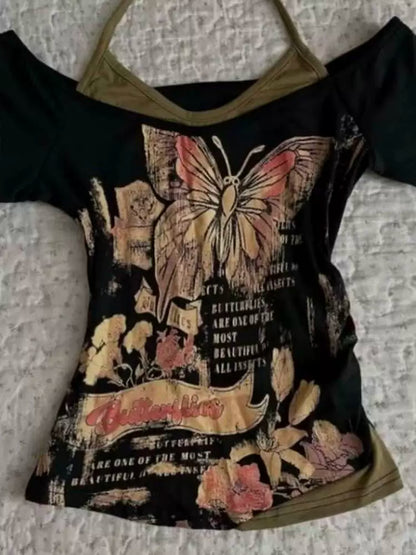 Black American Vintage Butterfly Print Fake Two-Piece Y2K T-Shirt