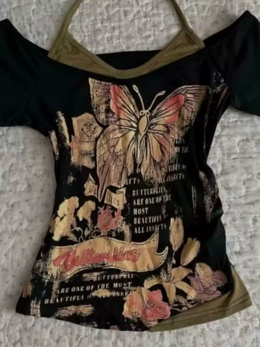 Black American Vintage Butterfly Print Fake Two-Piece Y2K T-Shirt