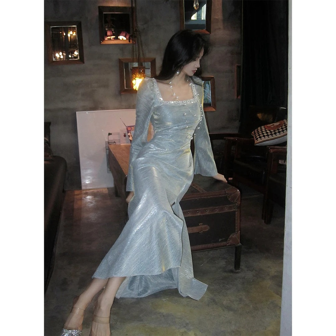 French Square Neck Bubble Long Sleeve Gown Dress