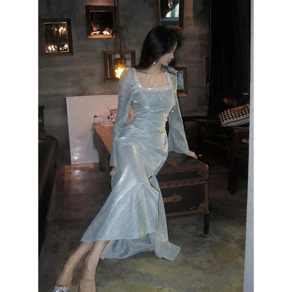 French Square Neck Bubble Long Sleeve Gown Dress