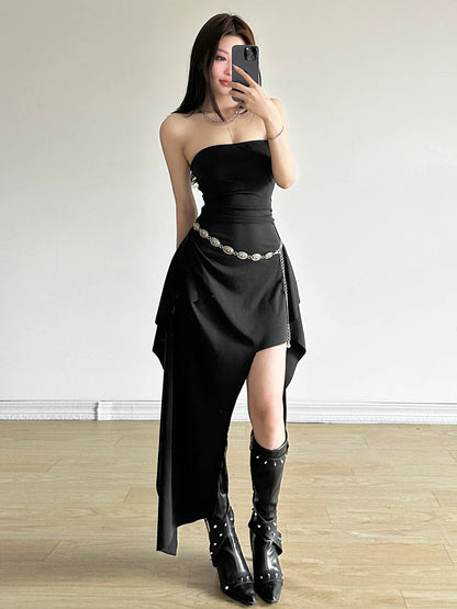 Niche Designer Retro Black Tube-Top Cinched Waist Slimming Asymmetrical Hot Girl Dress