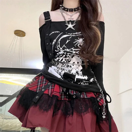 Black Drawstring Off-Shoulder Long Sleeve Tee Y2K Top