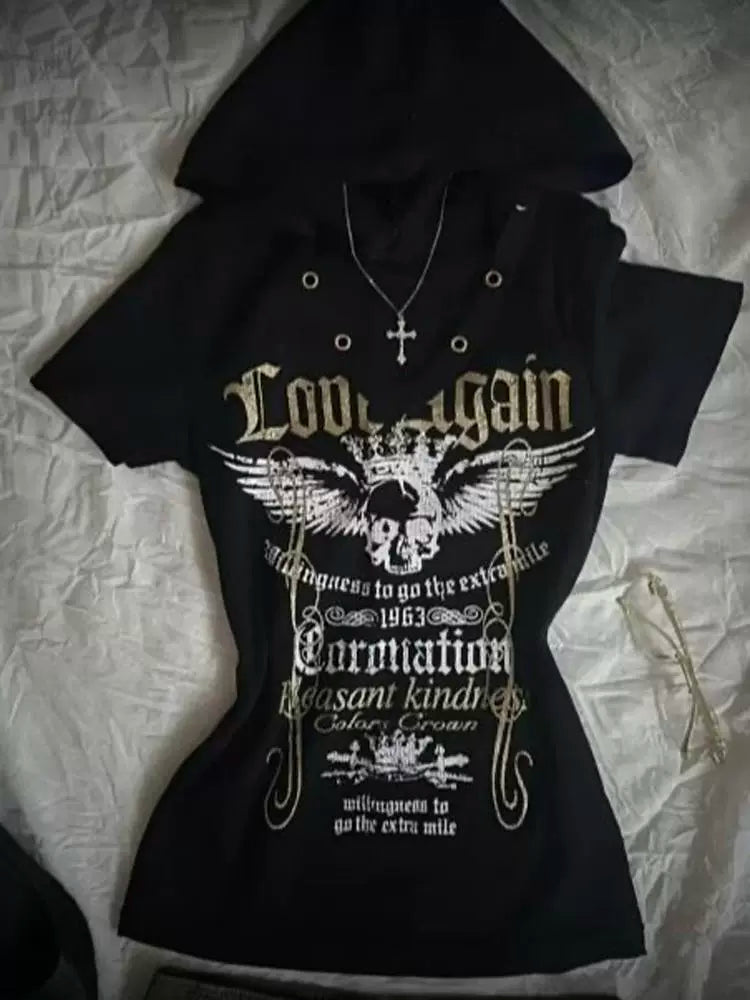 Black Subculture Rock Punk Y2K Abi E-girl American Retro Print Hooded Short Sleeve Top