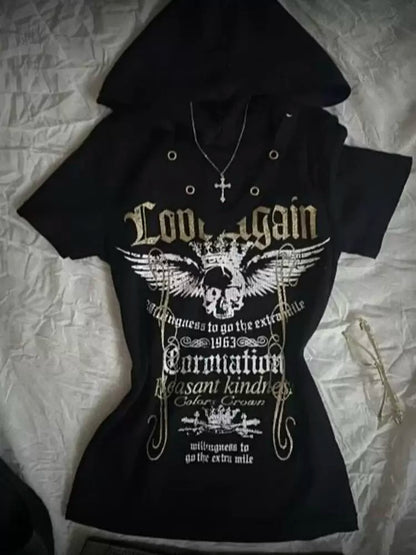 Black Subculture Rock Punk Y2K Abi E-girl American Retro Print Hooded Short Sleeve Top