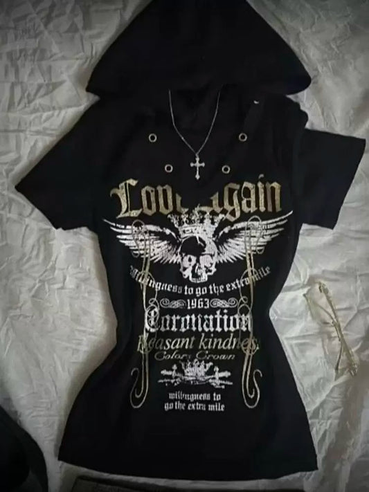 Black Subculture Rock Punk Y2K Abi E-girl American Retro Print Hooded Short Sleeve Top