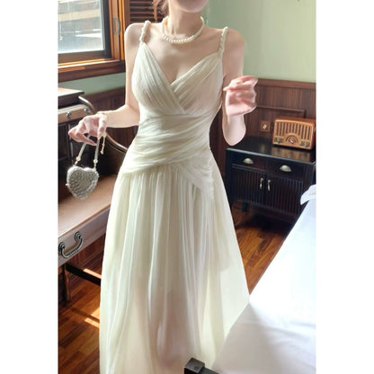 French White Spaghetti Strap Pleated Waist Gown Dress