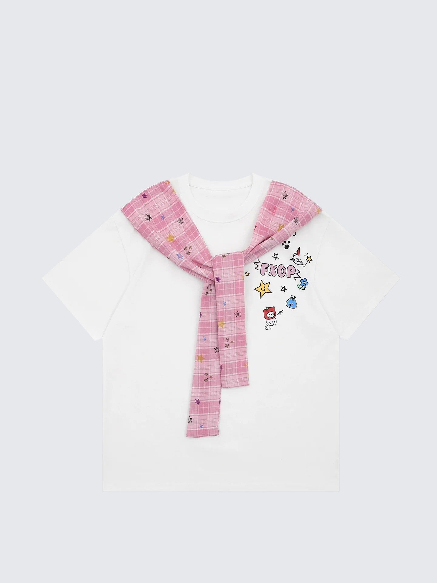 Plaid Scarf Layered Short Sleeve Tee