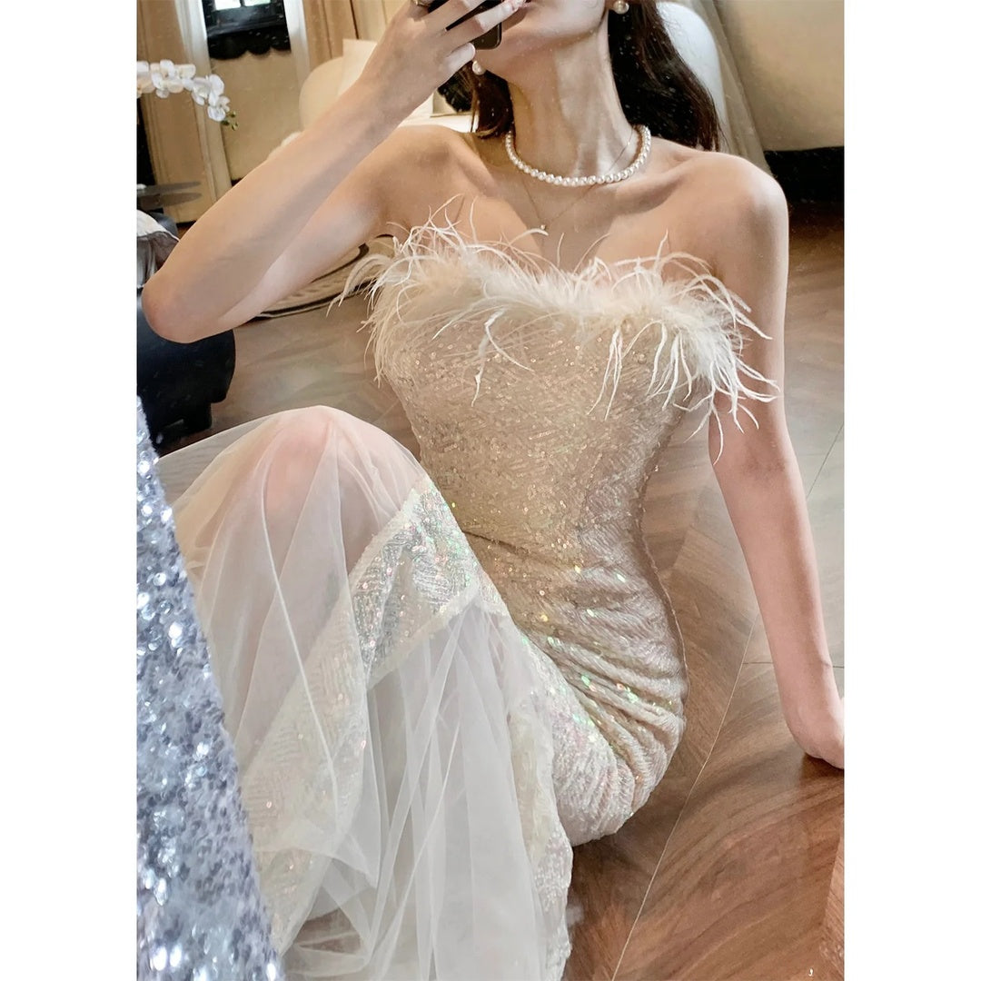Feather Mermaid Strapless Waist Gown Dress