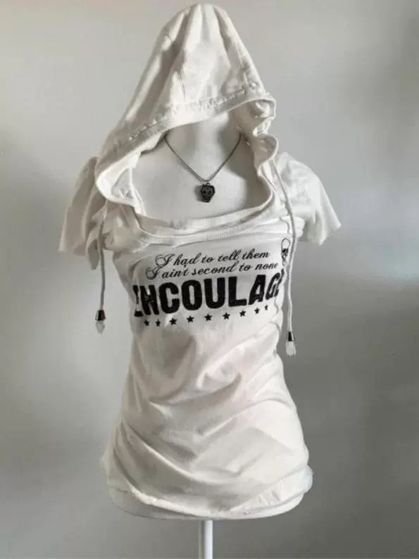 White Vintage Hooded Fake Two-Piece Short Sleeve Y2K T-Shirt