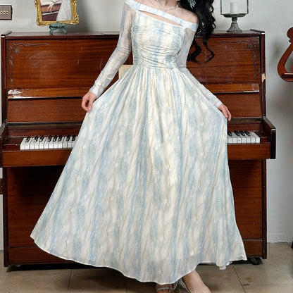 French Blue Printed One Shoulder Long Sleeve Gown Dress