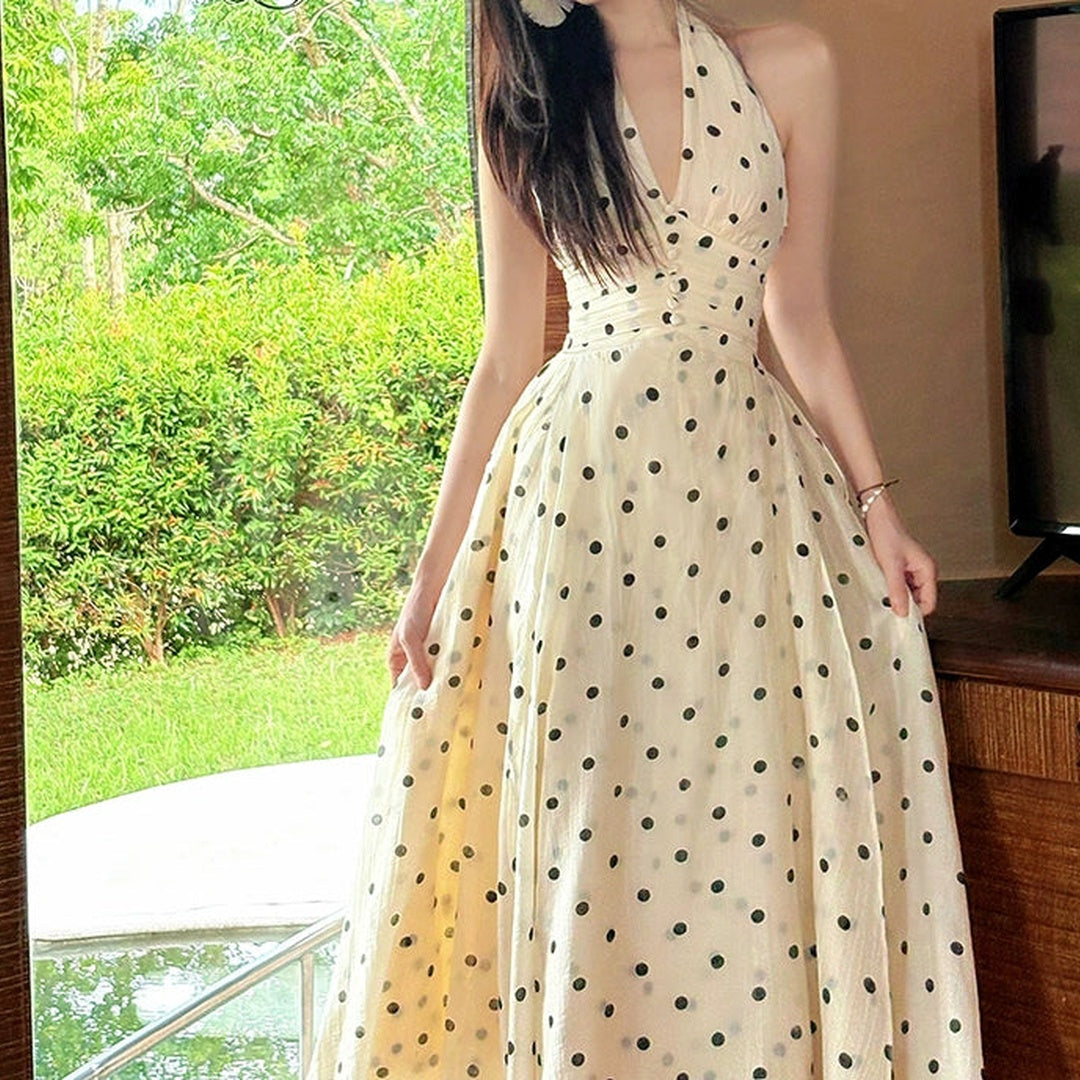 French Polka Dot Halter Lace Resort Gown Dress