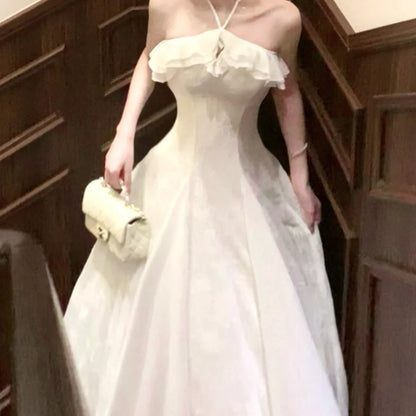 French White Halter Neck Pleated Gown Dress – Ruffled Waist Evening Dress