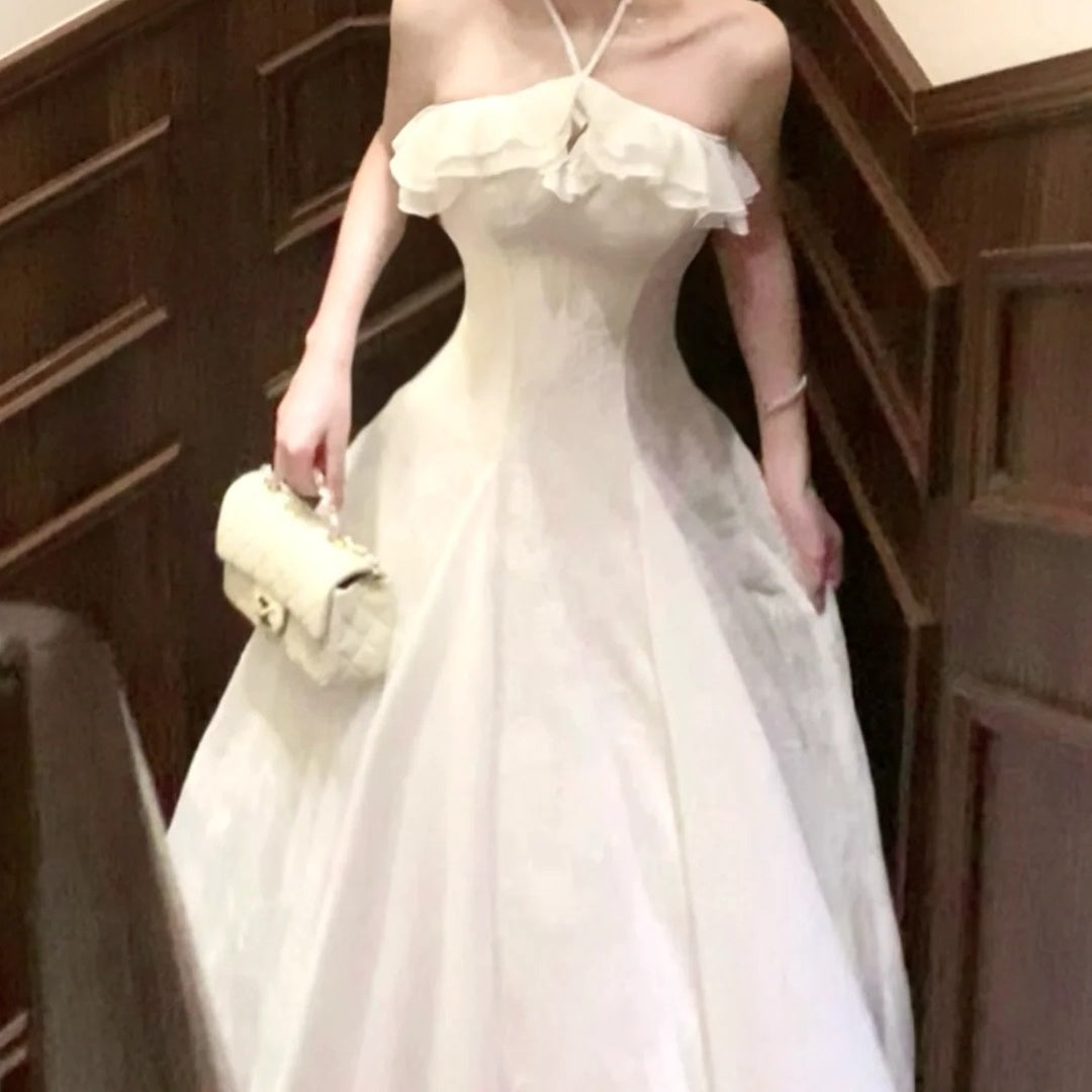 French White Halter Neck Pleated Gown Dress – Ruffled Waist Evening Dress