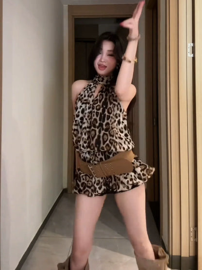 American E-girl Leopard Print Halter Open-Back Chiffon Dress