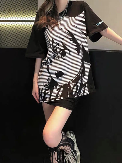Black Tarmac Print Set Subculture Punk Y2K Japanese Anime T-shirt + Black Tiered Skirt Set