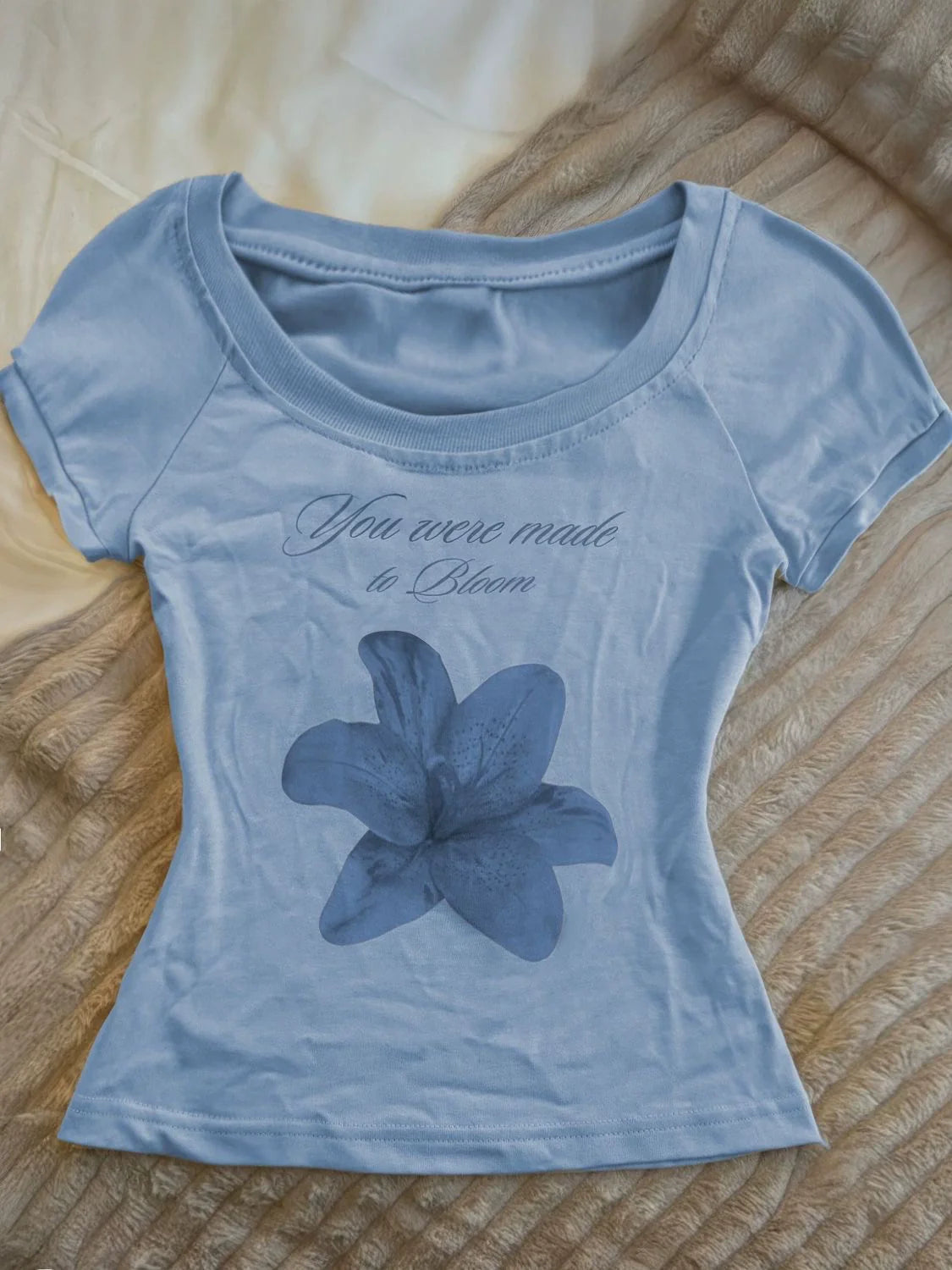 Blue Vintage Print Cropped Slim Y2K T-Shirt