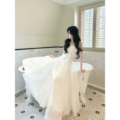 French White Satin Spaghetti Strap Gown Dress