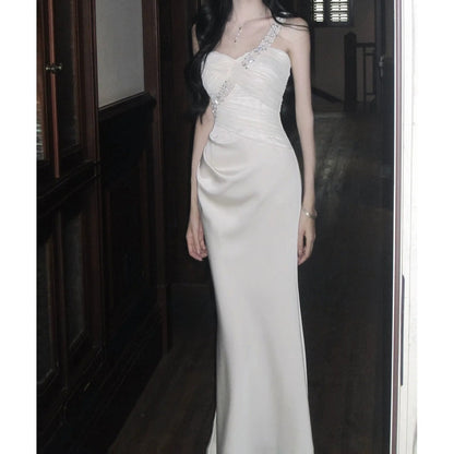 French Small Luxury Satin Asymmetrical Gown Dress – Mermaid Party Dress