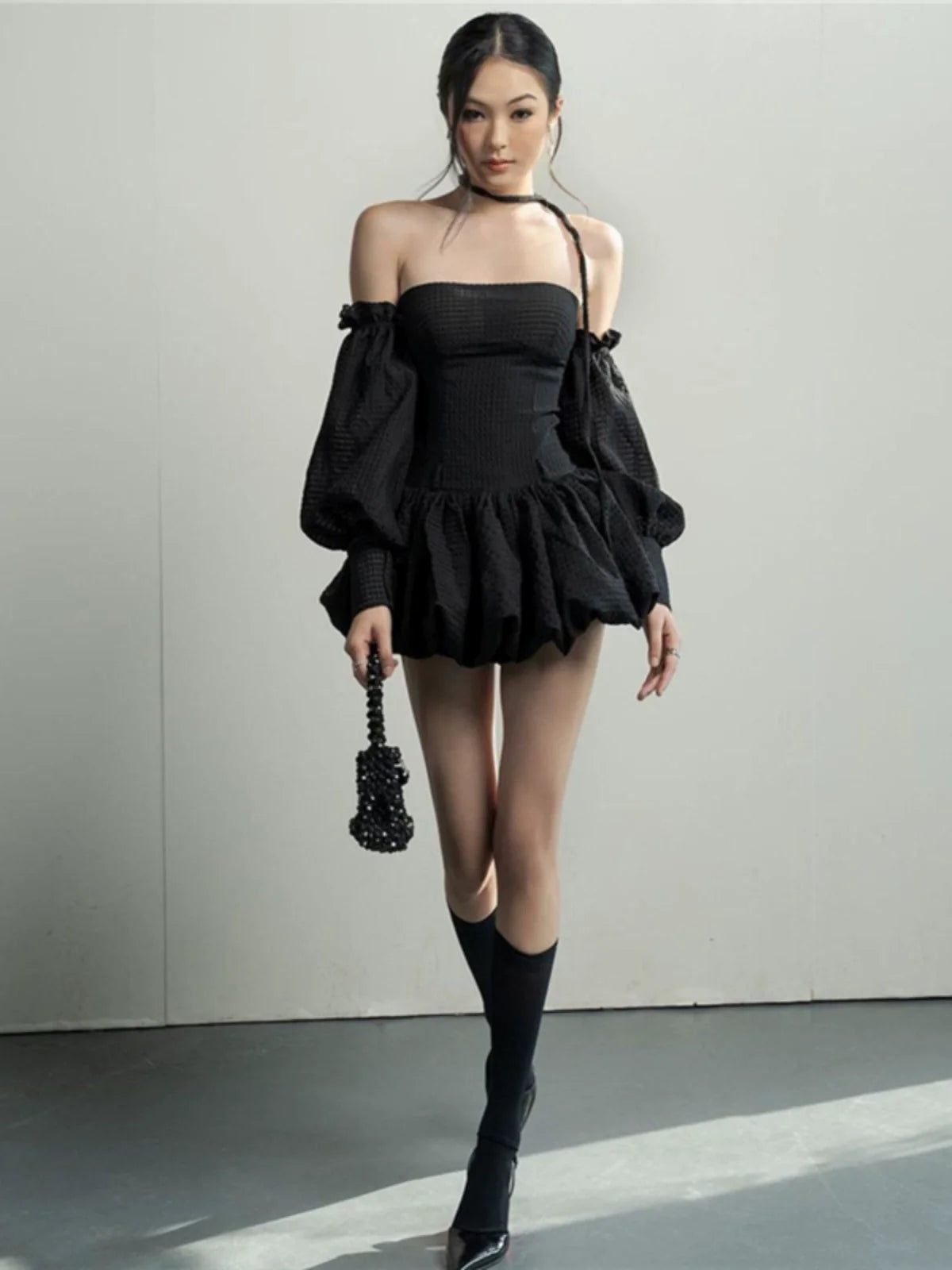 Soft Sexy Waist-Cinched Tube Top Dress With Arm Sleeves