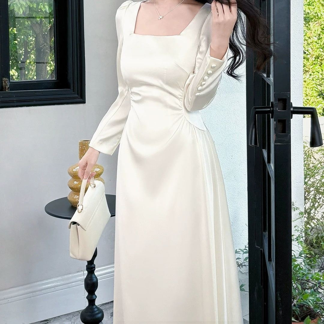 French Satin Square Neck A-Line Long Sleeve Gown Dress