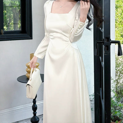 French Satin Square Neck A-Line Long Sleeve Gown Dress