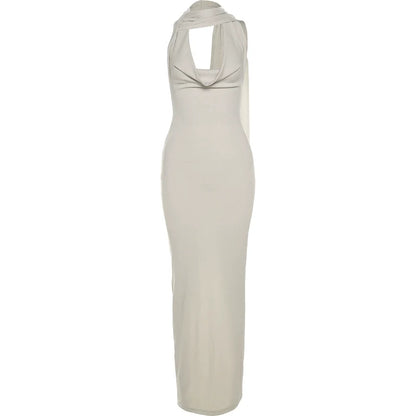 Sexy Halter Cowl-Neck Open-Back High-Slit Maxi Dress