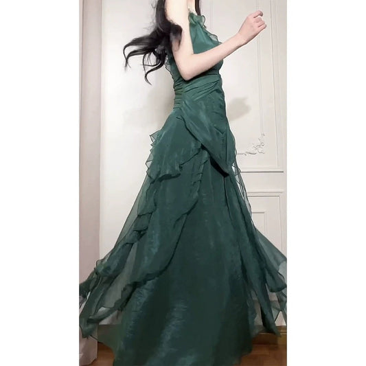 Green Design Patchwork Ruffle Spaghetti Strap Gown Dress