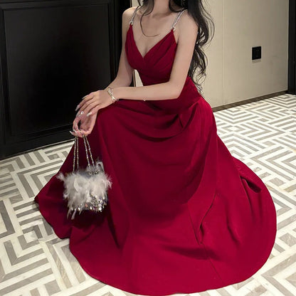 French Red Backless Holiday Spaghetti Strap Gown Dress