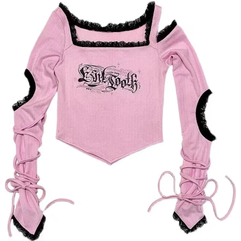 Pink Cutout Lace Asymmetric Straps Off-The-Shoulder Fitted Y2K T-Shirt