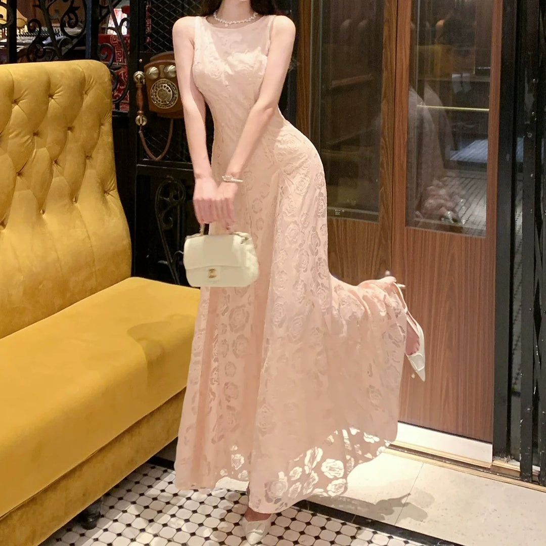 French Pink Rose Sleeveless Ball Gown Dress