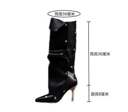 Button Detail Two Way Slouchy Boots 2025 Summer New Spicy Girl High Heel Fashion Pointed Toe Thin Heel Knee High Boots