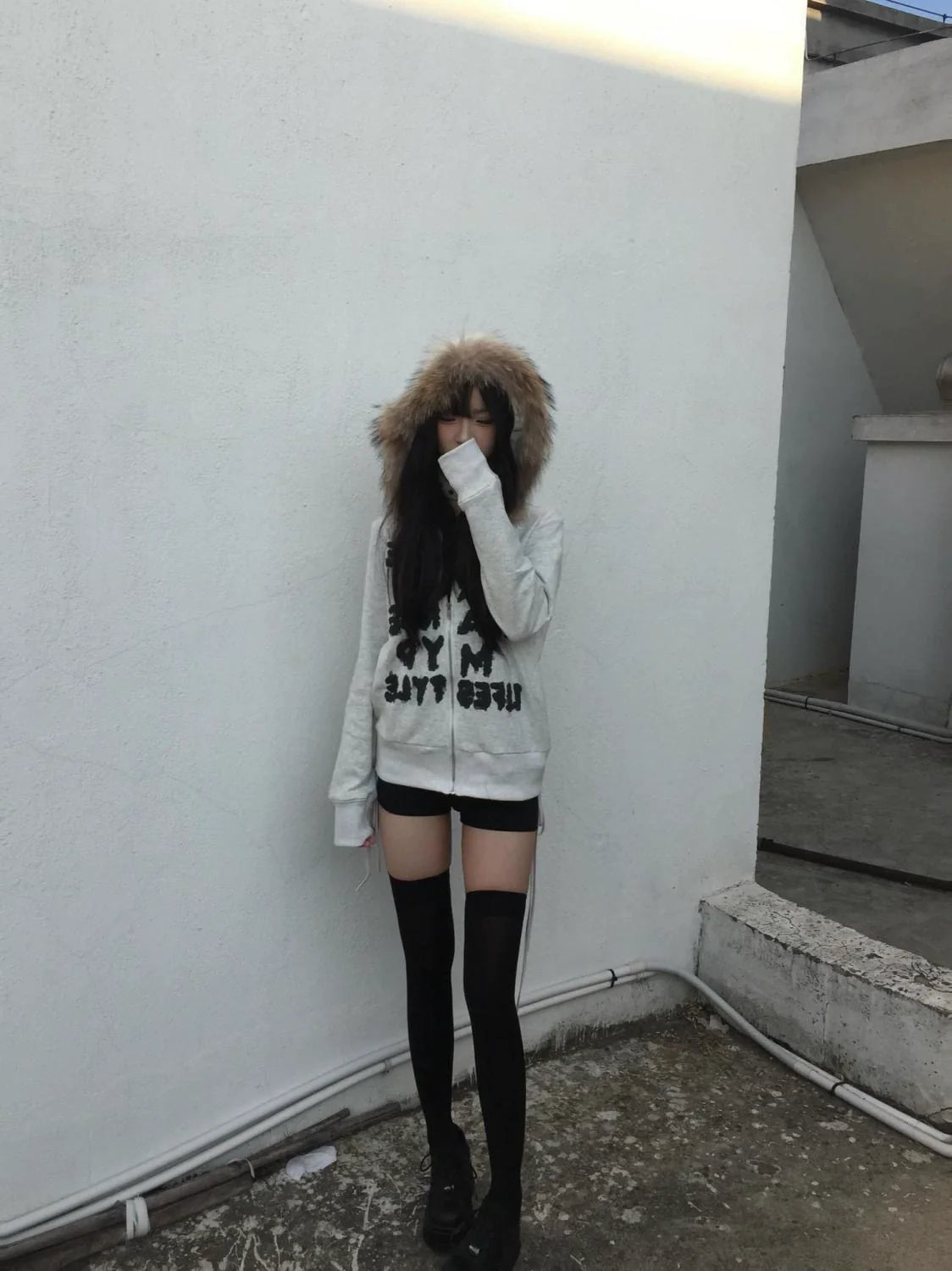Fur-Collar Hoodie Jacket [Spring-Autumn] Subculture Punk Y2K E-girl Abi American Style Light Subculture Long-Sleeve Jacket
