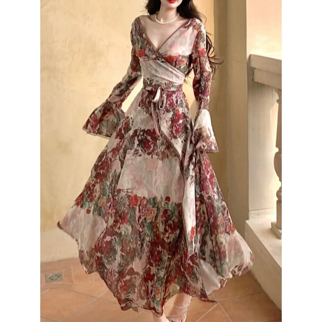 French Vintage Floral Layered Waist Gown Dress