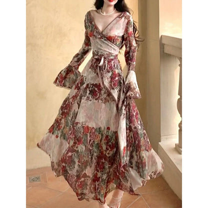 French Vintage Floral Layered Waist Gown Dress