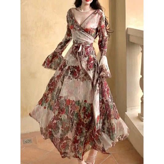 French Vintage Floral Layered Waist Gown Dress
