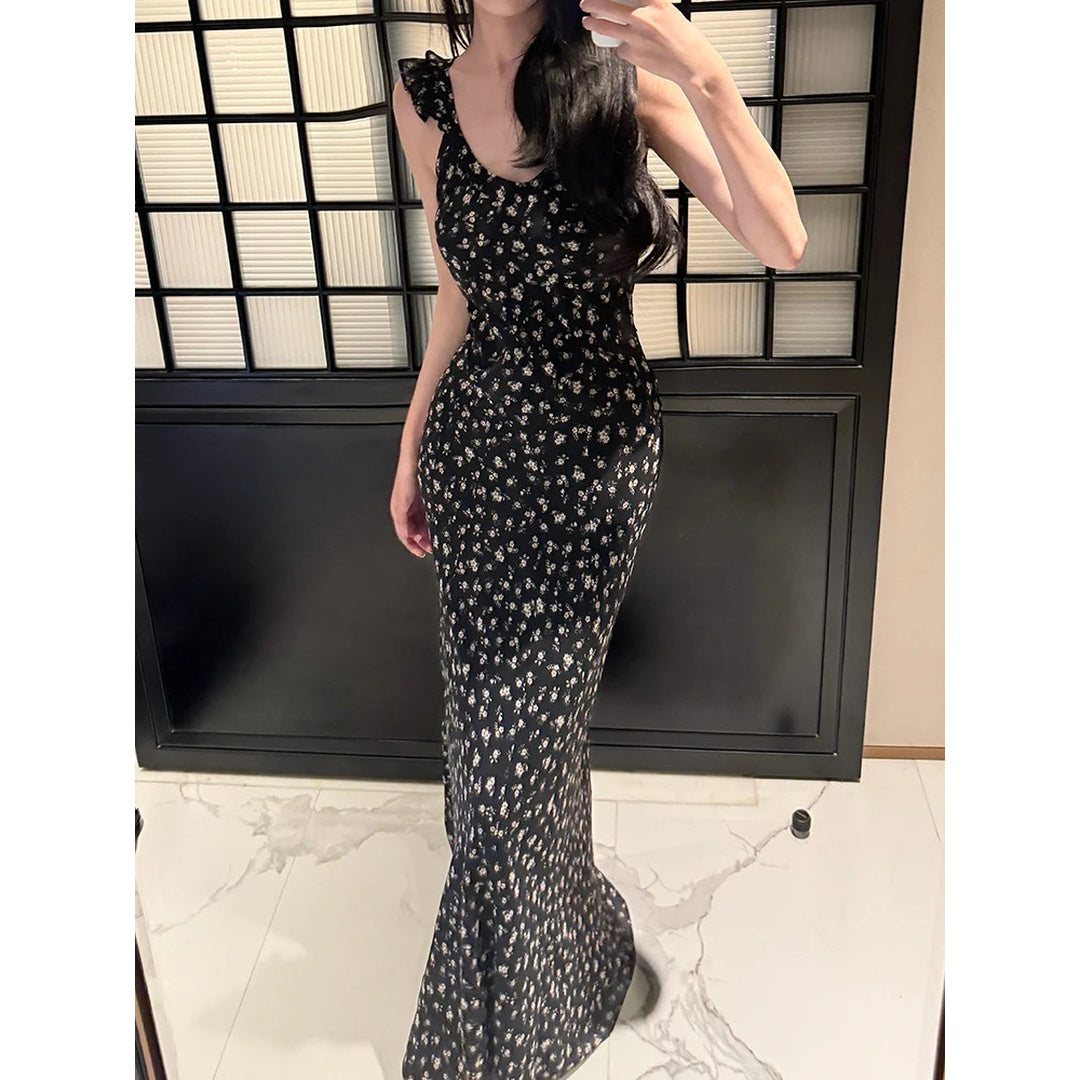 Black Floral French Fly-Sleeve Gown Dress