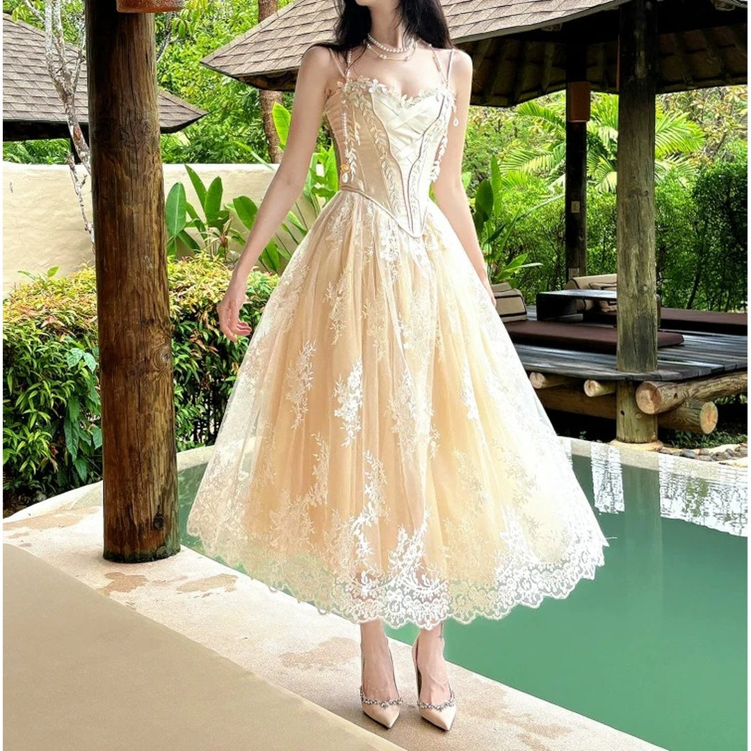 French Lace Embroidered Mesh Gown Dress