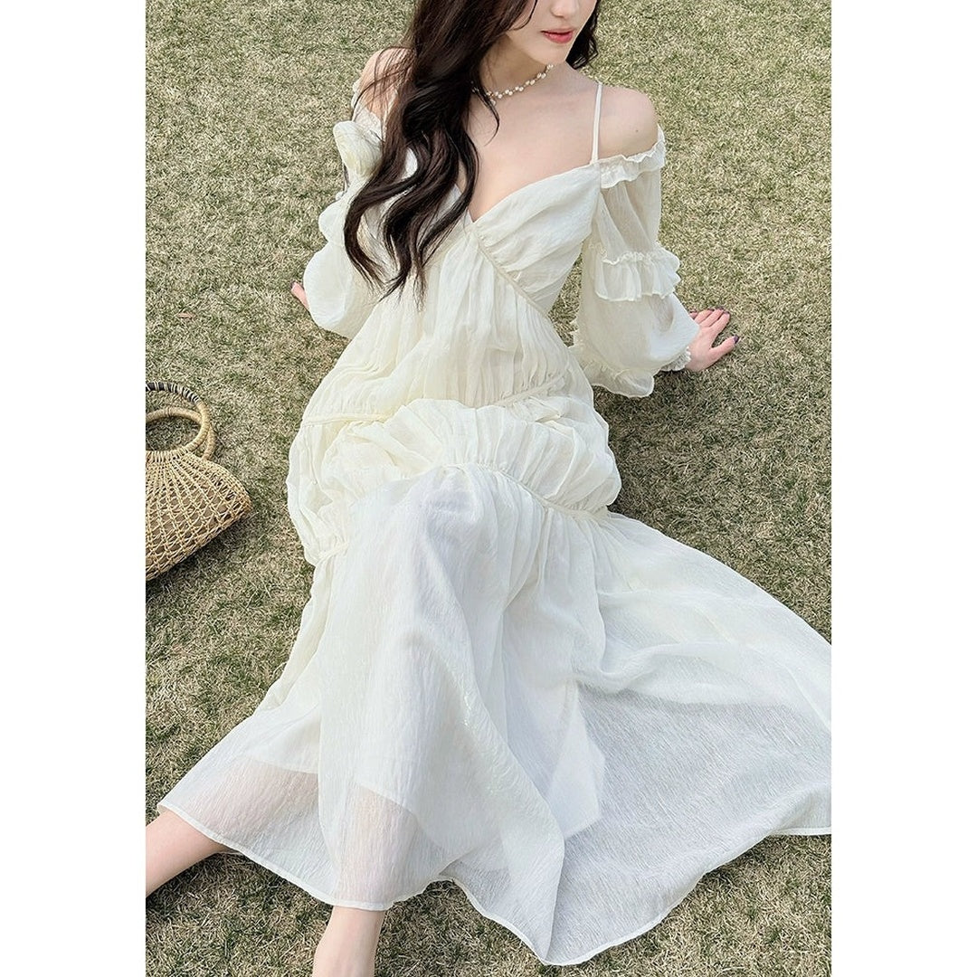French V Neck Spaghetti Strap Bubble Sleeve White Gown Dress
